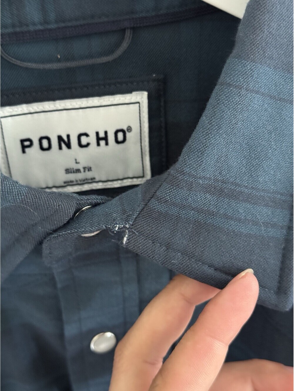 Poncho Powder River Performance Western Pearl Snap Dark Blue Plaid Sz Lg Slim - Picture 3 of 7